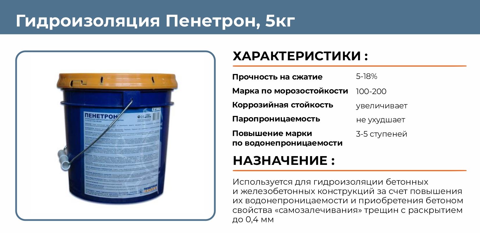 Гидроизоляция Пенетрон 5кг для поверх.бетона купить в Челябинске в  интернет-магазине ДОМ