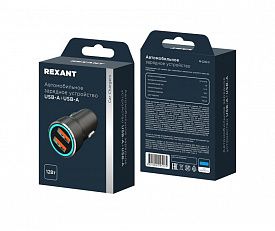 Автомобильное зарядное устройство c двумя портами (USB-A + USB-A) и LED-подсветкой Rexant 12Вт