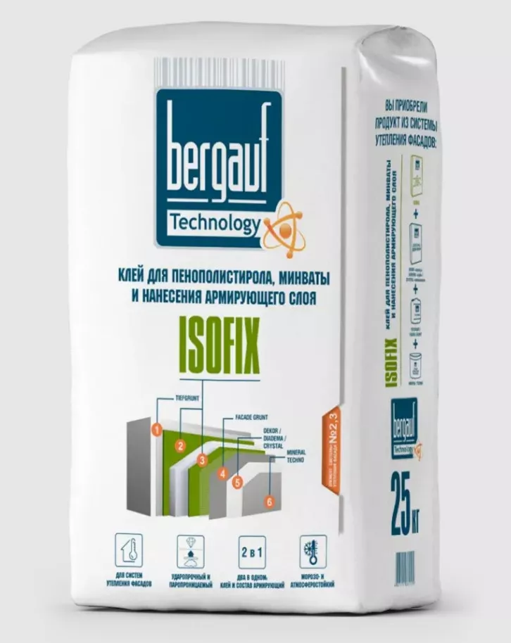 Bergauf Isofix 25 кг Клей для пенополистирола, минваты и нанесения армирующего слоя